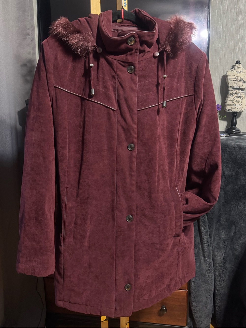 Northern Reflections Faux Suede Faux Fur Hooded Winter Parka - Wine / XL